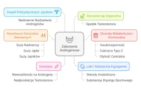 Schemat przedstawia przyczyny zaburzeń androgenowych, w tym choroby metaboliczne i hormonalne, nowotwory, genetykę, leki i starzenie się organizmu.