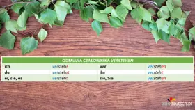 Tabela z odmianą czasownika "verstehen" po niemiecku. Ucz się, jak "verstehen" zmienia się w zależności od osoby.