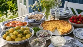 En härlig midsommar afton-buffé med sill, lax, färskpotatis, paj och jordgubbar dukas upp utomhus.