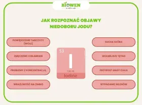 Objawy niedoboru jodu: powiększenie tarczycy, zmęczenie, problemy z koncentracją, sucha skóra, wolniejsze tętno, przyrost masy ciała, wypadanie włosów. Jod jest kluczowy dla tarczycy.