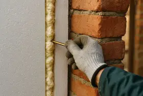Ręka w rękawicy aplikuje piankę montażową do szczeliny między styropianem a ceglaną ścianą, zapewniając izolację.