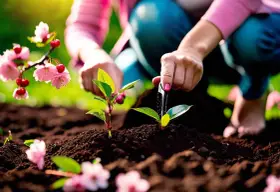 Des jeunes pousses plantées près de fleurs roses et de quelques cerises rouges.