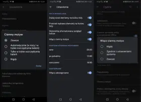 Ustawienia telefonu z włączonym ciemnym motywem Google. Wybór opcji: Zawsze, Automatycznie, Tylko w trybie oszczędzania baterii lub Nigdy.