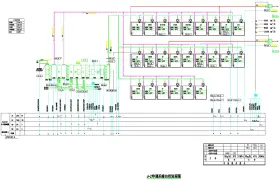 Schemat przedstawia system klimatyzacji z elementami sterowania, gdzie widoczne są przepływy powietrza (nadciśnienie i podciśnienie) oraz parametry pracy.