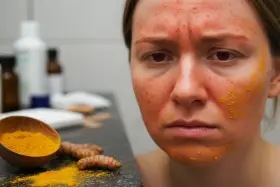 Visage marqué par des rougeurs et des boutons, avec des traces de cataplasme de curcuma. Des racines et de la poudre de curcuma sont visibles à côté.