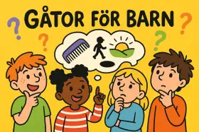 Barn funderar på svåra gåtor. En flicka pekar och verkar ha en idé, medan de andra ser fundersamma ut.