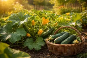 Frisch geerntete Zucchini liegen in einem Korb neben der Pflanze mit gelben Blüten. Ein perfekter Moment für die Zucchini-Ernte im warmen Abendlicht.