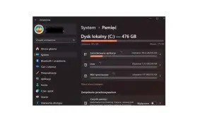 Ustawienia Windows 10: zarządzanie pamięcią dysku lokalnego C:, przegląd zajętego miejsca przez aplikacje i pliki tymczasowe.