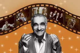 Uśmiechnięty Martin Scorsese na tle klatki filmowej z fragmentami jego kultowych filmów: "Chłopcy z ferajny", "Taksówkarz", "Wściekły byk".