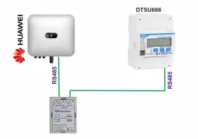 Schemat połączenia falownika Huawei z licznikiem energii DTSU666 przez konwerter MBtranslator. Pokazuje odległość falownika od licznika, która jest kluczowa dla transmisji danych RS485.
