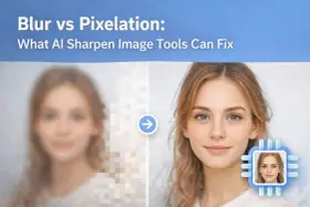 Jämförelse av suddig och pixlad bild av en kvinna, där AI-verktyg förbättrar pixlar till en skarpare bild.