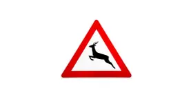 Warnschild: Achtung, Wildwechsel! Ein springendes Reh im roten Dreieck weist auf die Gefahr hin, dass Tiere die Straße überqueren könnten.
