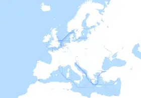 Mapa Europy z zaznaczonymi trasami morskimi i lądowymi, łączącymi porty od Portugalii po Turcję i Morze Czarne. Widać tu dfds, czyli połączenia między Wielką Brytanią, Skandynawią i Europą kontynentalną.
