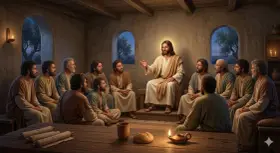 Jesus spricht zu seinen Jüngern, wie in Johannes 14, 27 beschrieben: "Frieden lasse ich euch, meinen Frieden gebe ich euch.