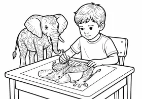 Un garçon apprend comment colorier un éléphant et une girafe sur une feuille.