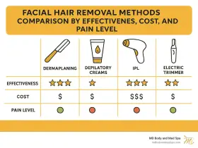 Comparing facial hair removal alternatives to laser: Dermaplaning, depilatory creams, IPL, and electric trimmers, rated by effectiveness, cost, and pain.