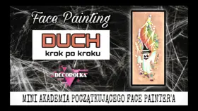 Mini Akademia Face Painting: jak narysować ducha krok po kroku. Uroczy, uśmiechnięty duch w czapce z brokatem.