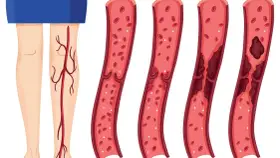 Illustration zeigt gesunde Wade und Blutgefäße mit zunehmender Thrombosebildung. Ein Thrombose Test Wade kann dies aufzeigen.