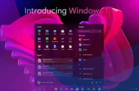 Witaj w świecie, gdzie **kiedy Windows 12** staje się rzeczywistością. Widok menu start z ikonami aplikacji i ostatnio używanymi plikami na tle fioletowo-różowych, falujących kształtów.