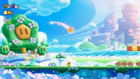 Rosalina explora un mundo especial de Mario Wonder, con un árbol con cara de cerdo, flores y un cielo vibrante.