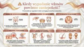 Grafika pokazuje sygnały wskazujące na wypadanie włosów. Znajdziesz tu informacje o normie, utracie włosów, przerzedzeniu, swędzeniu, nagłym wypadaniu i słabych pasmach. To przydatne wskazówki dotyczące domowych sposobów na wypadanie włosów.