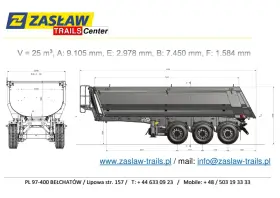 Rysunek techniczny naczepy ZASŁAW z wymiarami: V=25m³, A=9105mm, E=2978mm, B=7450mm, F=1584mm.