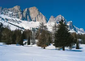 Vaste cime innevate dominano il paesaggio alpino. La **passo costalunga altitudine** è raggiunta tra boschi di conifere e un cielo azzurro intenso.