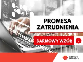 Ręce nad klawiaturą laptopa, nad nimi grafiki z danymi. Na białym tle napis "PROMESA ZATRUDNIENIA" i "DARMOWY WZÓR".