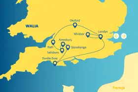 Mapa Wielkiej Brytanii z zaznaczonymi atrakcjami: Londyn, Windsor, Oksford, Bath, Salisbury, Stonehenge, Amesbury, Durdle Door.