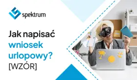 Kobieta w masce do nurkowania i kapeluszu trzyma bilety lotnicze i paszport, gotowa do wyjazdu. Obok laptop z wakacyjnymi naklejkami. Tekst: "Jak napisać wniosek urlopowy? [WZÓR]".