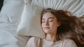 Spokojny sen dziewczyny na poduszce, symbolizujący **regulowanie emocji** i odpoczynek.