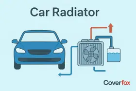 Diagram showing a blue car connected to a car radiator with a fan and coolant reservoir, illustrating how a radiator cools the engine.