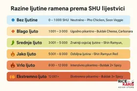 Tabela SHU: Buldak Cheese, Carbonara (1001-3000 SHU), Buldak 2x Spicy (800-12000 SHU), Buldak 3x Spicy (12001+ SHU).