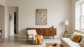 Un soggiorno in stile wabi sabi con poltrona in lana bouclé, credenza in legno e quadro di oche in volo.