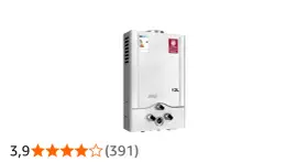 Scaldabagno a gas da 12L, ideale per aumentare pressione acqua. Regolatori gas e acqua visibili.