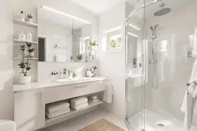 Une petite salle de bain moderne et lumineuse avec une douche vitrée, un lavabo suspendu et des étagères remplies de plantes et de produits de soin.