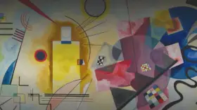 Un tableau carré rouge, jaune, bleu, avec des formes abstraites et des lignes noires.
