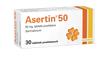 Opakowanie leku Asertin 50 mg, zawierające 30 tabletek powlekanych z sertraliną.