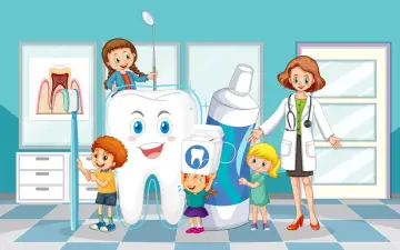 Dzieci i dentystka świętują dzień dentysty, ucząc się o higienie jamy ustnej przy gigantycznej szczoteczce, paście i nici dentystycznej.