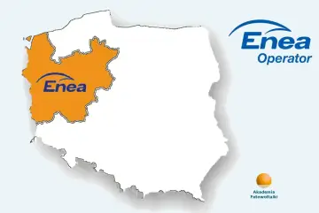 Mapa Polski z zaznaczonym obszarem działania Enea Operator. Informacja o opłacie mocowej.