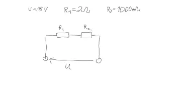 Obwód szeregowy z R1=2Ω i R2=1000mΩ, zasilany napięciem U=15V. Obliczono dopuszczalny spadek napięcia na wlz.