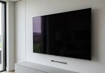 Nowoczesny telewizor na ścianie, idealne rozwiązanie jak ukryć kable. Minimalistyczna zabudowa i ukryte przejścia kablowe.