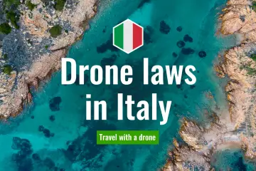 Aerial view of a stunning Italian coastline with text overlay: "Drone laws in Italy. Travel with a drone.
