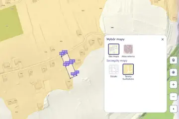 Mapa działki z zaznaczonym obszarem i wymiarami, wskazująca potencjalną służebność gruntową.