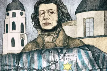 Portret wieszcza w pasiastej koszuli z numerem obozu Auschwitz i gwiazdą Dawida, na tle budynków.