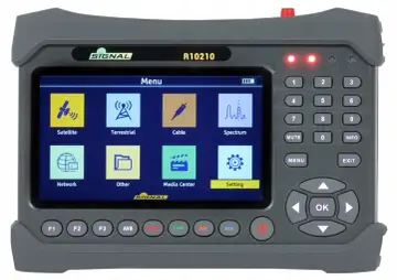 Miernik sygnału antenowego SIGNAL R10210 z menu wyboru funkcji: Satellite, Terrestrial, Cable, Spectrum, Network, Other, Media Center, Setting. Pomocny w tym, jak zmierzyć sygnał antenowy.