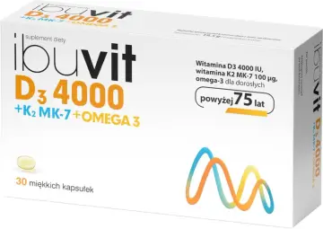 Opakowanie suplementu diety ibuvit D3 4000 z witaminą K2 MK-7 i omega-3, dla dorosłych powyżej 75 lat.