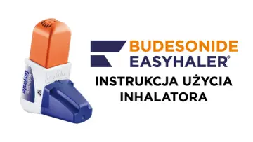Pomarańczowo-biały inhalator budesonide easyhaler z niebieską nakładką. Obok logo i napis "Instrukcja użycia inhalatora".