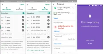 Jak usunąć dziecko z Family Linka? Widok ustawień limitów czasu i pory snu na telefonie, blokada urządzenia z komunikatem "Czas na przerwę".