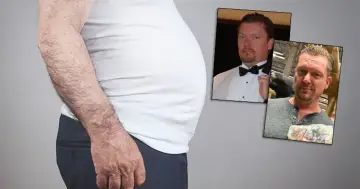 Mężczyzna z dużym brzuchem i dwa zdjęcia tego samego mężczyzny w różnym wieku i wyglądzie.